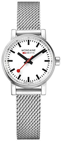 Mondaine - Evo2 MSE.26110.SM - Damen Uhr 26mm - Bahnhofsuhr in Silber Edelstahl Armband - 30m Wasserdicht Saphirglas mit rotem Sekundenzeiger - Hergestellt in der Schweiz