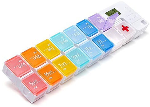 Portable Pill Box with Smart Reminder Alarm, 14 Grids Intelligent Electronic Digital Timer AM and PM Medicine Dispenser, Weakly Pill Organiser for Outdoor Travel Work