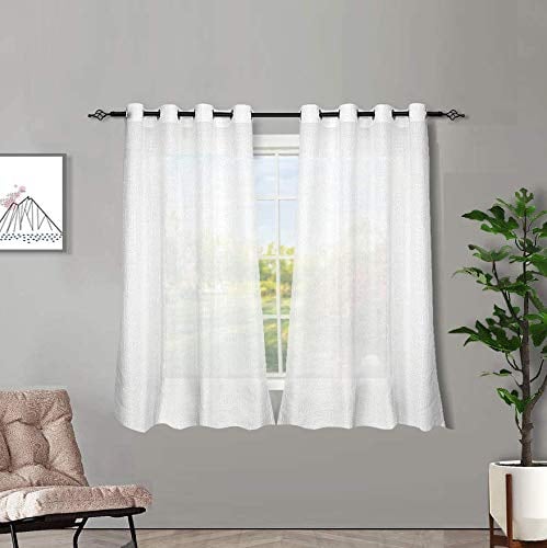Melodieux Gardinen Weiß Transparent Leinen Optik Vorhänge Kurz mit Ösen für Wohnzimmer Schlafzimmer, 2er Set 137x140cm