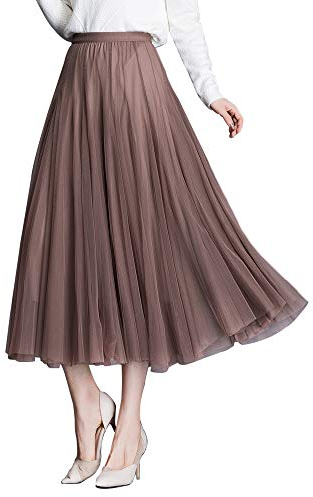 Damen Tüllrock Midi Faltenrock 78cm Länge Hoher Bund Schick Rock Elastisch Taille Drapiert Stoff, Braun