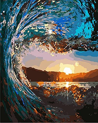 Artnapi Malen nach Zahlen Erwachsene mit Rahmen | DIY Handgemalt | Sonnenuntergang in einer Welle | Kit für Anfänger und Erwachsene | Set inklusive Acrylfarben & Pinsel | 40x50cm Leinwand | Geschenke