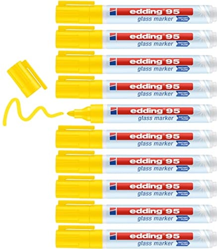 edding 95 glass marker - yellow - 10 glass pens - round nib 1.5-3 mm - washable window marker pen - for writing and marking on glass surfaces, windows, glassboards, whiteboards - dry-wipeable