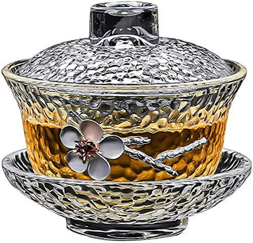 YBK Tech Crystal Gaiwan, Glass Kung Fu Tea Cup with Saucer and Lid, Chinese Traditional, Sancai Tea Bowl (Transparent Cup with Plum Flower)