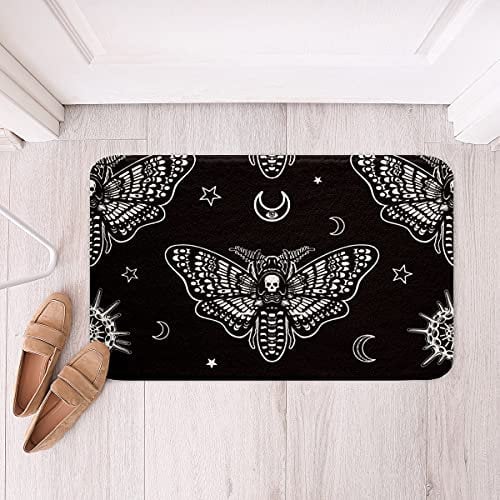 Moth Skull Indoor Doormat, Boho Sugar Skull Front Door Rug Rubber Backing Halloween Skeleton Non Slip Door Mat Gothic Bones Super Absorbent Entrance Rug Inside Floor Mats Machine Washable 20x32