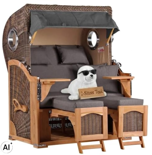 MR. DEKO® Strandkorb Düne Teak 2-Sitzer Bullauge | PE Geflecht Grey | Volllieger Strandstuhl verstellbar | inkl. 4 Kissen Wechselpolster | Strandkörbe fertig montiert aus Teakholz | (Dessin 551)