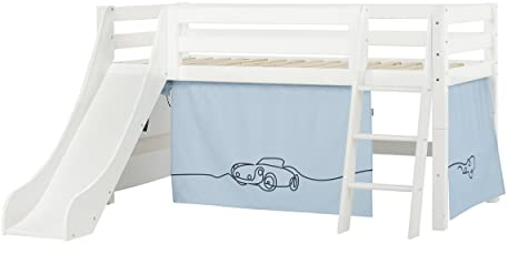 Hoppekids ECO Luxury Hochbett mit Rutsche | 90x200 | Helle Blau Auto Textil-Thema | Mit schräger leiter | Das Nordische Umweltzeichen | FSC®-zertifiziertes massives Kiefernholz | Entworfen in Dänemark