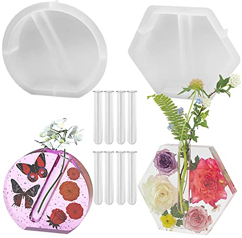 LyfLux Lot de 2 grands moules en silicone pour vase en résine époxy, pots hexagonaux et semi-circulaires avec 8 tubes, pour la conservation des fleurs, la culture hydroponique, les mariages