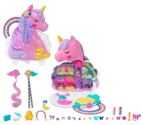 Polly Pocket HMX18 - Mini-Spielzeug, Regenbogen-Einhorn-Salon-Styling-Kopf und Schatullen-Spielset mit 2 kleinen Puppen, 25 Zubehörteilen und beweglichen Spielelementen, Puppen Spielzeug ab 4 Jahren