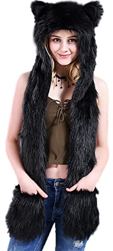 Malaxlx Damen Herren Winter Kunstpelz Flauschig Pelzigen Tier Kapuze Mütze mit Ohren Schal Pfoten Prints Tasche Handschuhe 3 in 1 Combo