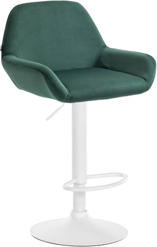 CLP Barhocker Braga Samtbezug mit Metallgestell I Höhenverstellbar und 360 drehbar I Moderner Barstuhl mit Fußstütze für Küche und Bar | Farbe dunkelgrün Gestell Farbe weiß