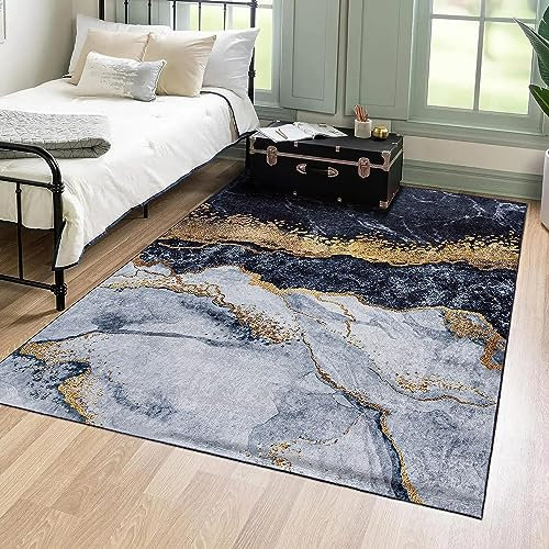 Mazovia Modern Teppich - Kurzflor Waschbar - Weich Teppich für Wohnzimmer, Schlafzimmer, Esszimmer – Teppiche Marmor Abstrakt Muster - Schwarz Grau Gold 120 x 170 cm