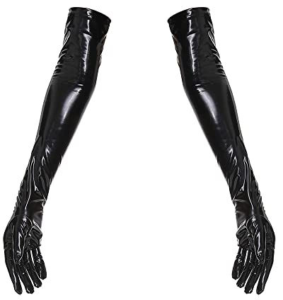 YUDATPG Women Long PU Leather Gloves Stretchy Faux Leather for Daily Costume Opera Party Evening Shirred Elbow Gloves Cosplay Wedding (Black, M)