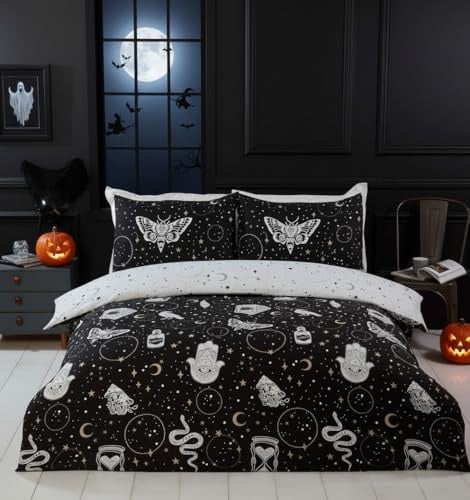 Rapport Home Gothic Magic Mikrofaser-Bettwäsche-Set für King-Size-Bett, Dunkles Thema, Halloween-Bettwäsche-Set, magische Hexe, Schwarz
