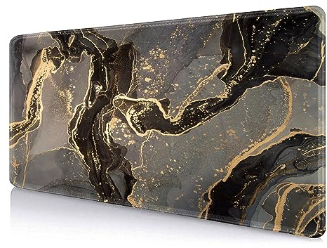 IMAYONDIA Glitzernde Marmor-Schreibtischunterlage (89,9 x 39,9 cm), erweiterte große Gaming-Mauspad, lange Schreibtischunterlage mit genähtem Rand, Schwarz und Gold