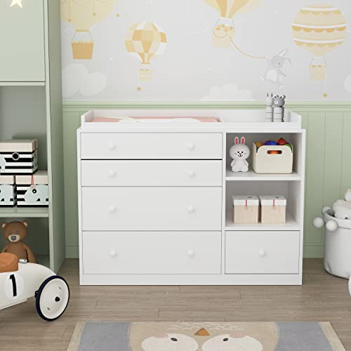 Cambiador, mueble cambiador, estante cambiador con 5 cajones, arcón para bebé, cuidado del bebé, muebles para bebé, cambiadores para habitación de bebé, dormitorio, blanco, MDF