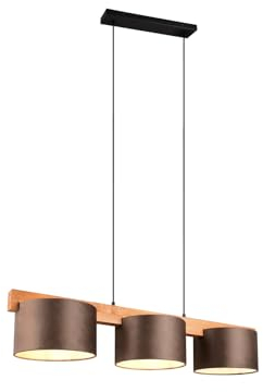 Holzbalken Pendelleuchte 3 flammig mit Samt Lampenschirmen in Braun, Breite 100cm