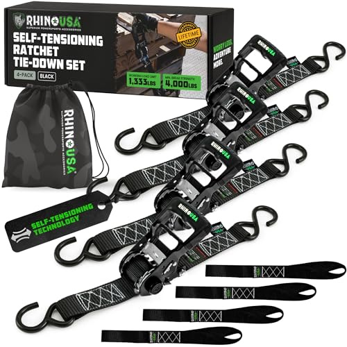 Rhino USA Self Tensioning Ratchet Tie Down Straps (4PK 1.6INX15FT)- Heavy Duty Patented Cargo Strap Keeps Tension When Your Load Shifts - Used for Motorcycle, ATV, UTV, Truck, General Cargo & More