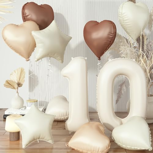 Luftballon 10 Beige, Creme 10. Geburtstag Ballon Deko für Mädchen, Neutraler Aprikose Nude Braun Herzballons Geburtstagsdeko, 40'' Zahl 10 Stern Folienballon für Frau 10 Jare Jubiläum Party Dekoration