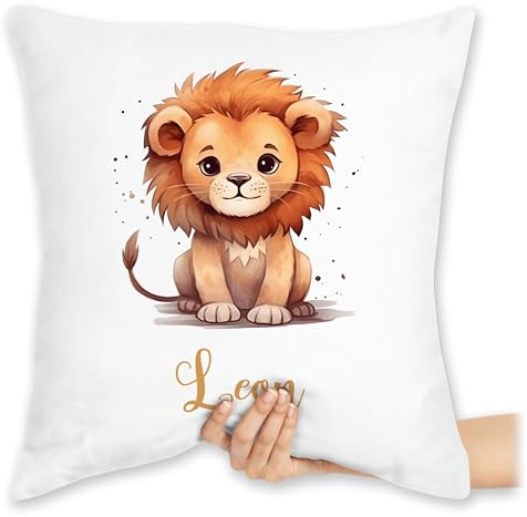 Kissen 40x40 Zierkissen - Süßer Löwe mit Name personalisiert I Löwen Geschenk I Zootiere I König der Tiere I LEU - 40 x 40 cm - Weiß - löwenmotiv Leon kissenhülle Tier personalisierte