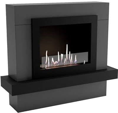 GLOW FIRE Ethanol Kamin LARVIK (Standkamin) - Bioethanol Kaminofen für Indoor mit Holz-Fassade, 3 h Brenndauer, über 2kW Heizleistung, 114 x 97 x 32 cm - Grau