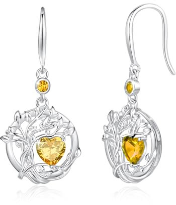 FANCIME Boucles d'oreilles pendantes arbre de vie en argent sterling 925 avec pierre précieuse ronde délicate et pierre de naissance - Bijou fin - Cadeau d'anniversaire pour femme, Argent sterling