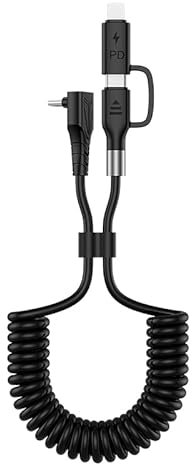 PTPLIFE Coiled USB C Cable, Right Angle 2 in 1 Cable 60W Fast Charging & Sync Data, Spring Coiled 27W PD Charge Cord, Supports CarPlay & Android Auto (5ft-Black)