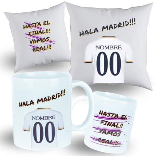 TAZA personalizada de equipos + COJIN personalizado CON RELLENO - Regalos originales - Regalos futbol - Camiseta equipos de futbol - Personaliza con tu nombre y tu numero la camiseta - (R.Madrid)