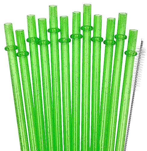 SUNDEE Reusable Plastic Straws, Glitter Straws Reusable Drinking Straw Thick BPA-Free Glitter Drinking Straw Accessories, Set of 12 Pcs Colorful Straw with Cleaning Brush - Green