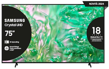Samsung Smart TV 75 UE75DU8070UXZT, Crystal UHD 4K, 4K Upscaling, Airslim Design, DVBT-2, Q-Symphony & Adaptive Sound, Integrato con Bixby, comp con Alexa e Google Assistant, Black 2024