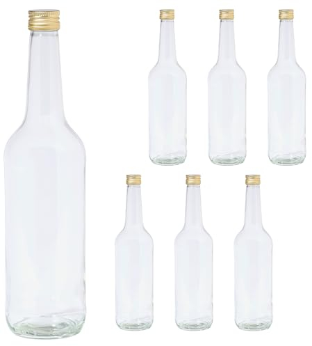 Vitrea 6 leere Glasflaschen 700ml Schraubverschluss Gold - große Flaschen zum Befüllen mit Deckel - für Saft, Getränke, Likör, Öl, Saucen - 6 Stück, PP28, Geradhals
