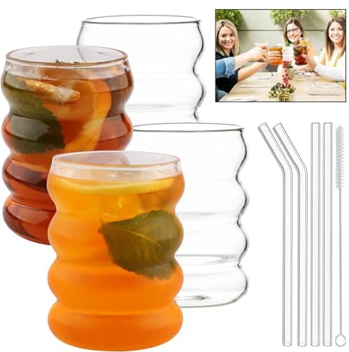 Mezzar Verre Avec Paille, 4 Pcs Verre a Cafe Avec Quatre Pailles et Une Brosse,Verre Strié 350ML en Verre à Haute Teneur En Borosilicate Convient Pour Le Lait, Le Thé, Le Thé Glacé et Le Café Glacé
