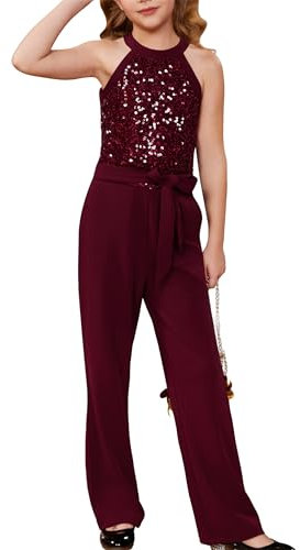GRACE KARIN Mädchen Pailletten Overall Ärmelloses Jumpsuit Loose Fit Sommer Freizeitanzug Overall Rot 12-14 Jahre
