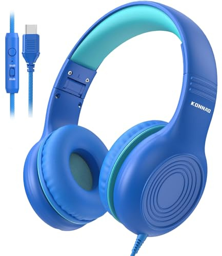 KONNAO Casque filaire USB de type C pour enfants avec microphone pour garçons et filles, volume limité de 85 dB/94 dB réglable (bleu marine/bleu)