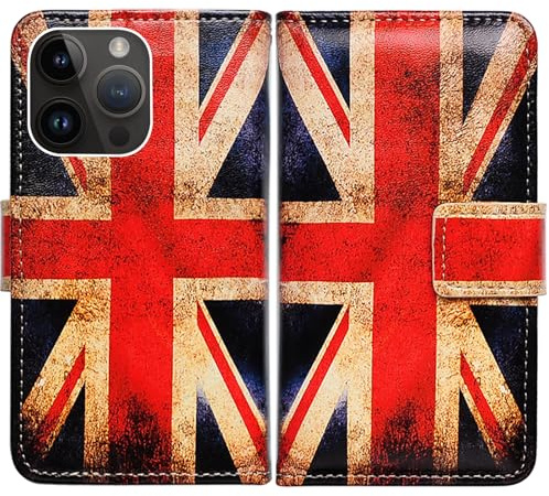 Bcov Case For iPhone 16 Pro,Retro Union Jack Flag Leather Flip Phone Case Wallet Cover with Card Slot Holder Kickstand Case For Apple iPhone 16 Pro