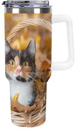 Niapessel Gobelet anti-fuite – Bouteilles d'eau isothermes avec paille – Motif chat d'automne dans le panier avec poignée – Bouteille en acier inoxydable de 1200 ml pour l'école, les voyages, la