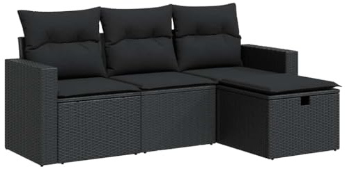 vidaXL 4-TLG. Garten-Sofagarnitur mit Kissen Schwarz Poly Rattan