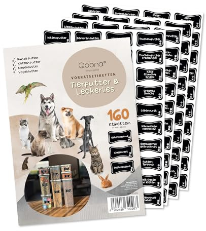QOONA Etiketten für Tierfutterdosen [160 Stück] Übersichtliche Kennzeichnung | Vorgedruckt | Wasserfest, leicht entfernbar & haftstark | Perfekt für Hunde-, Katzen-, Vogel- & Kleintierfutter