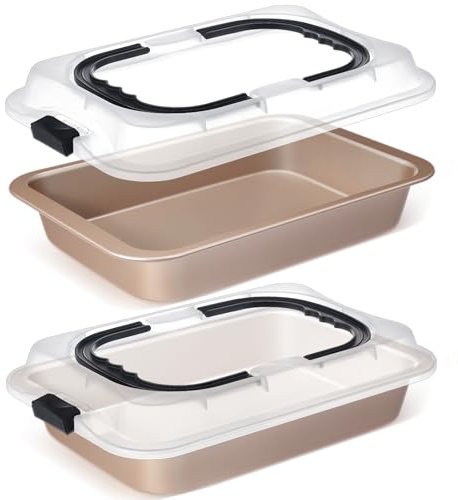 Qinyoung Kuchenbackform mit Deckel und Griff, 22,9 x 33 cm, antihaftbeschichtet, rechteckig, für Brownie, Braten, Kochen, Backen (Gold)