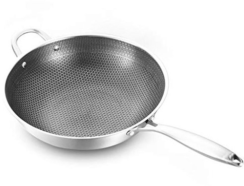 QTYQWC en Acier Inoxydable Wok en nid d'abeille à la Main à la Main