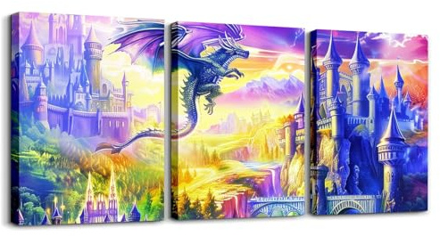 Loussiesd Dragon Poster Set für Wohnzimmer3er Set 3D Dragon Wandbilder Deko Bilder Magical World Ancient Wildtiere Castle Dragon Deep Tier Bild Wandbilder Blau Leinwandbilder