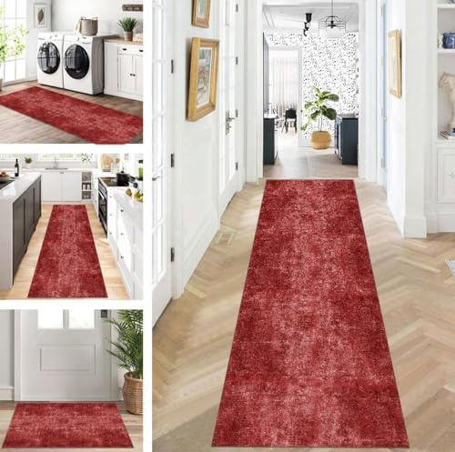 ZUZEKU Teppich Läufer Lang Flur Küche rutschfest waschbar Teppichmatten Modern Design Küchenläufer Rot 90X200cm Küchenteppich Meterware Esszimmer Schlafzimmer Wohnzimmer Schmutzfangmatte