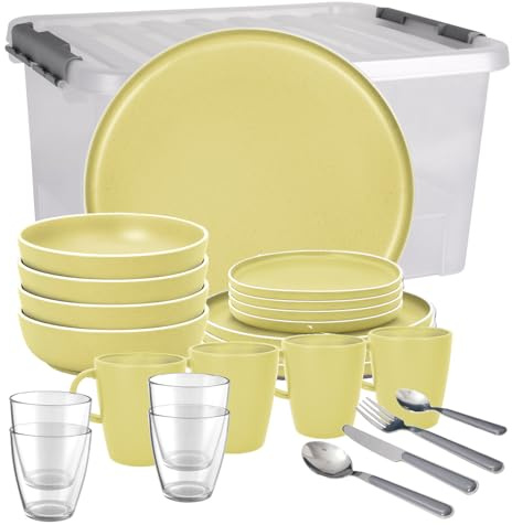 BRUNNER Camping-Geschirr-Set (12 16 oder 36-teilig) DOLOMIT Gelb | Antislip (Antirutsch), 2-4 Personen, wie Steingut (StoneTouch), Bruchfest, Teller & Schüsseln, Wohnmobil Wohnwagen Boot