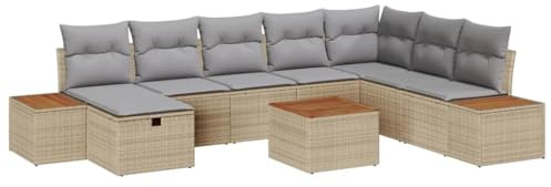 vidaXL 9-teiliges Gartensofa-Set mit Kissen in Beige aus Poly Rattan – Flexibles, modulares, kompaktes Möbelstück für Terrasse und Balkon. Wetterfest und ideal für den Außenbereich.