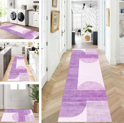 ZUZEKU Läufer Flur Küche Waschbar rutschfest 70X350cm Lang Lila Küchenteppich Flurteppich Teppich Fur Korridor Wohnzimmer Schlafzimmer Meterware Anpassbar