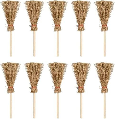 5Pcs Miniature Brooms with Straw Broomsticks - 1:12 Scale Dollhouse Accessories for Halloween Party Decor, Handmade Style Witch Broomstick Cosplay Props and Mini Furniture Display