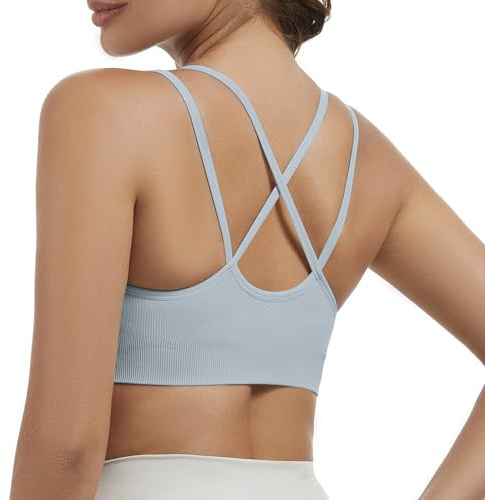 Nabawa Strappy Sports Bras for Women Crisscross Back Medium Support Yoga Bra Unpadded Gym Workout Fitness Crop Top,Blue S