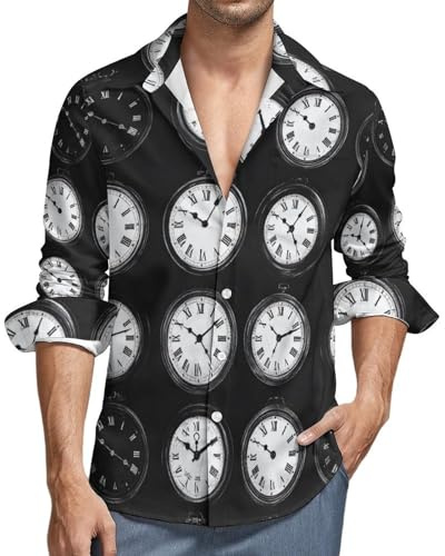Herren-Hemd mit Vintage-Uhr-Muster, langärmelig, Button-Down-Shirt, lässiges Herrenhemd mit Tasche
