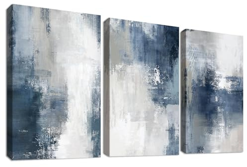HALFLEMART 3Pcs Nordisch Abstrakt Leinwand Bilder Set Mit Rahmen Poster Blau Grau Weiß Minimalistisch Bild auf Leinwand Malerei Wandbilder Wohnzimmer Schlafzimmer Esszimmer Wanddeko 50x70cm x3pcs