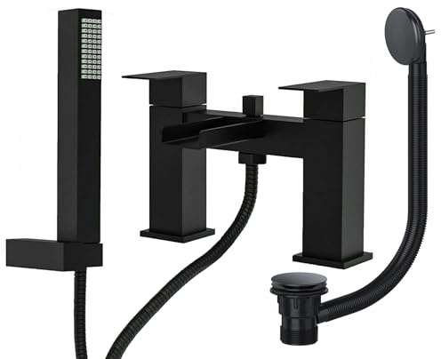 Modern Square Matt Black Waterfall Bath Shower Mixer Tap Including Handset and Matching Waste - Bath Mounted