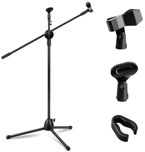 GREENSAPPIRE Adjustable Boom Mic Stand Tripod with Dual Mic Clips Black | Microphone Holder 73-175cm adjustable boom arm foldable steel tripod stable support for stage studio podcast karaoke